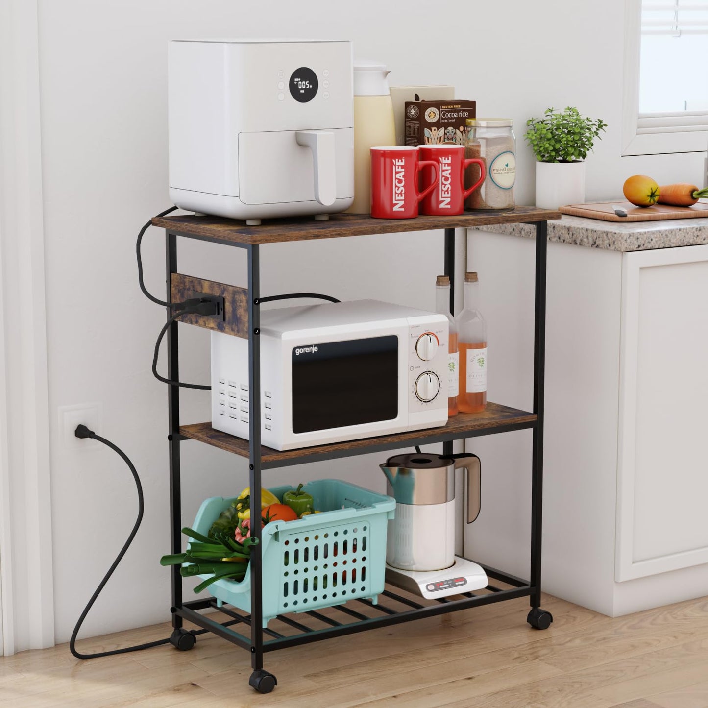 INHABIT UNION Kitchen Island with Power Outlet, 31.49" L Rolling Kitchen Cart with 3 Tier, Industrial Island Counter with Large Workstation, for Kitchen, Dining Room, Rustic Brown and Black