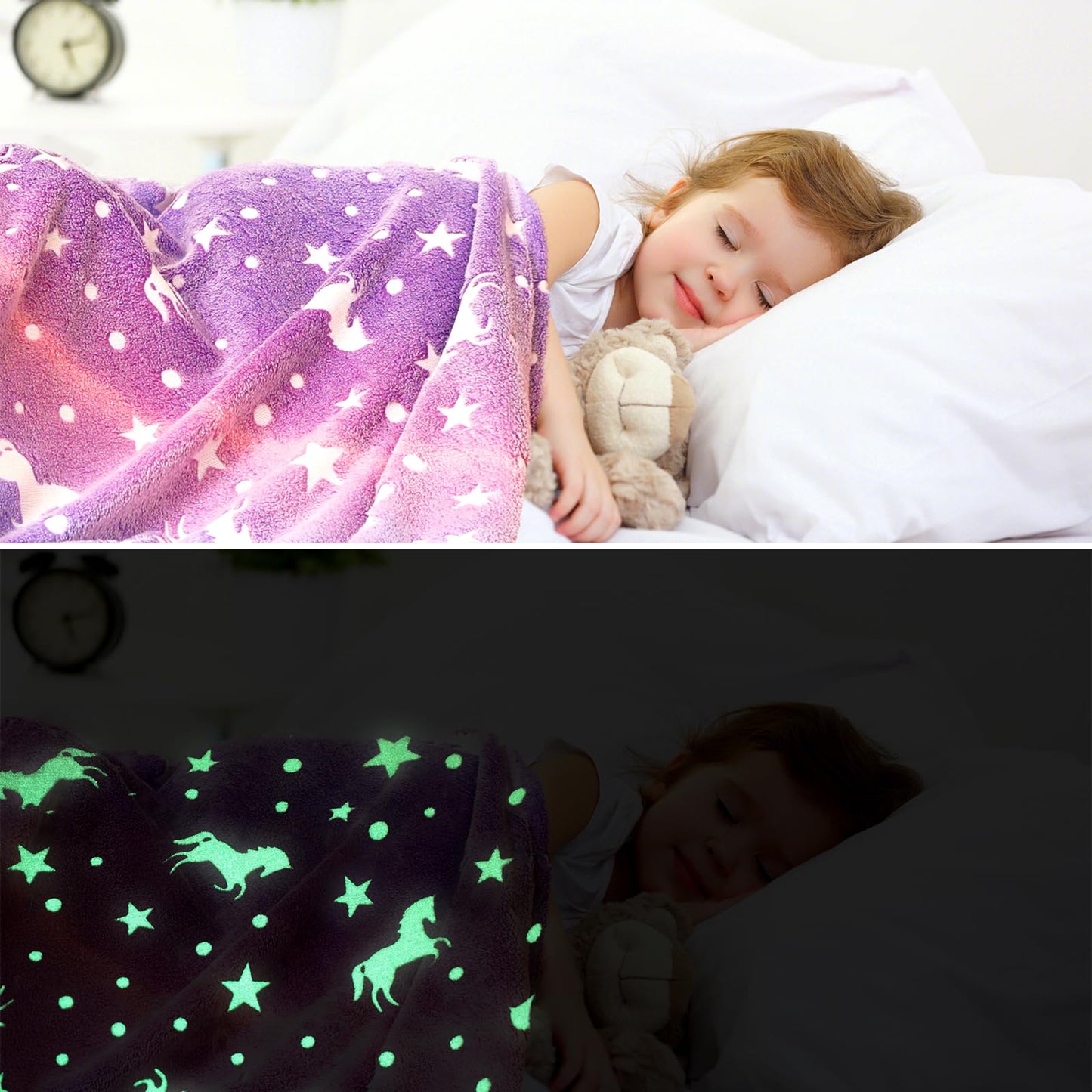 Unicorn Blanket for Girls, Glow in The Dark Blankets for Kids, 50" x 60" Rainbow Throw Blanket Soft Fleece Luminous Toddler Blanket Birthday Gifts for Age 2 3 4 5 6 7 8 9 10 11 12 Year Old, Purple