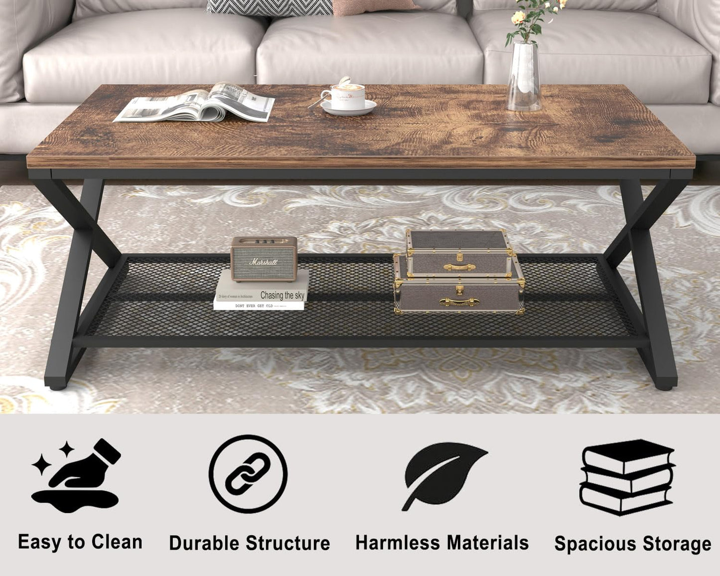 LVB Rustic Coffee Table with Storage, Industrial Wood Metal 2 Tier Center Living Room Table with Mesh Shelf, Farmhouse Wooden Low Rectangle Cocktail Tea Table for Office Bedroom, 47 inch, Rustic Brown