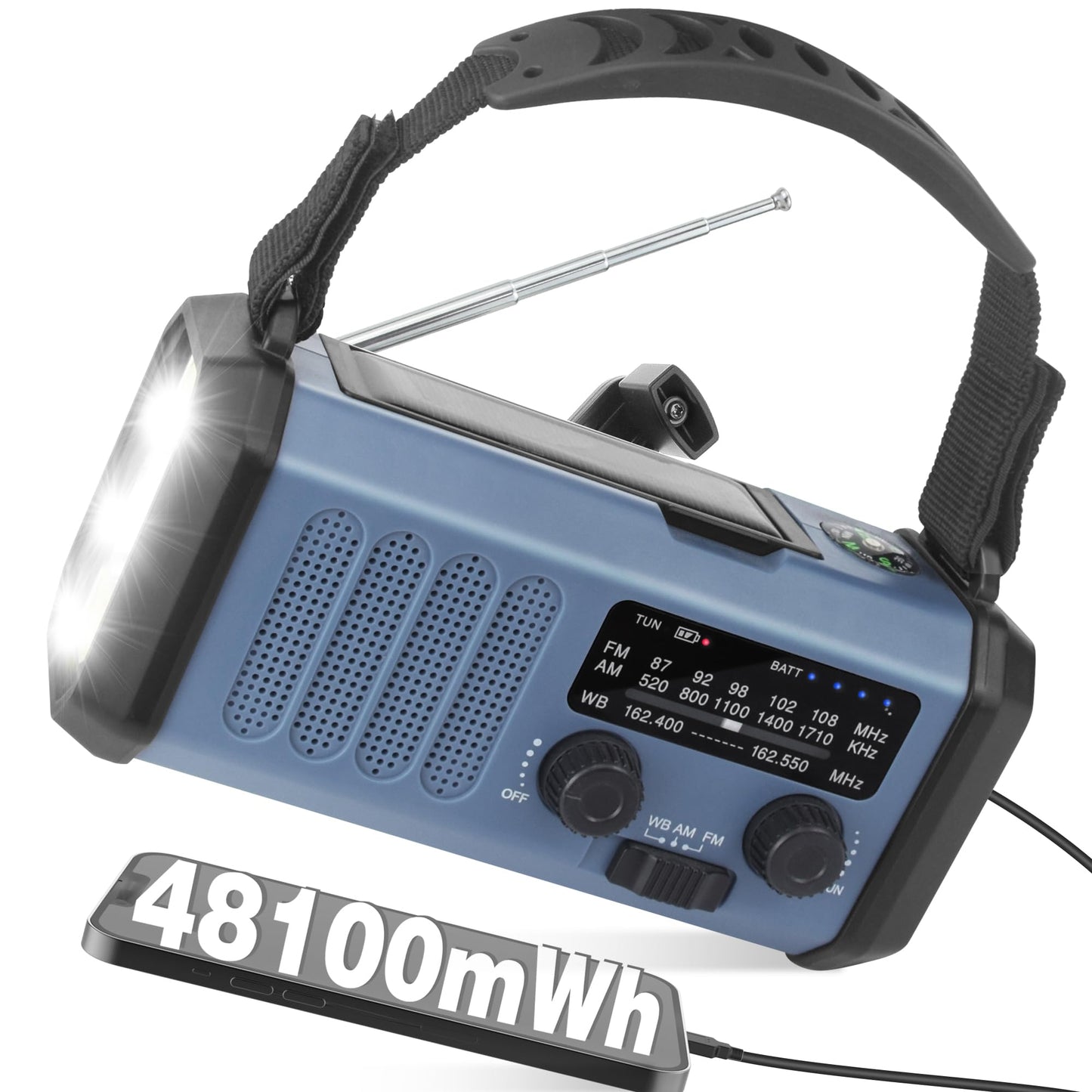 48100mWh/13000mAh Emergency Weather Radio, 4 Way Powered AM/FM/NOAA Portable Solar Crank Radio, Dynamo Phone Charger,700LM LED Flashlight/Reading Lamp,SOS,Compass for Hurricane Storm Camping Survival