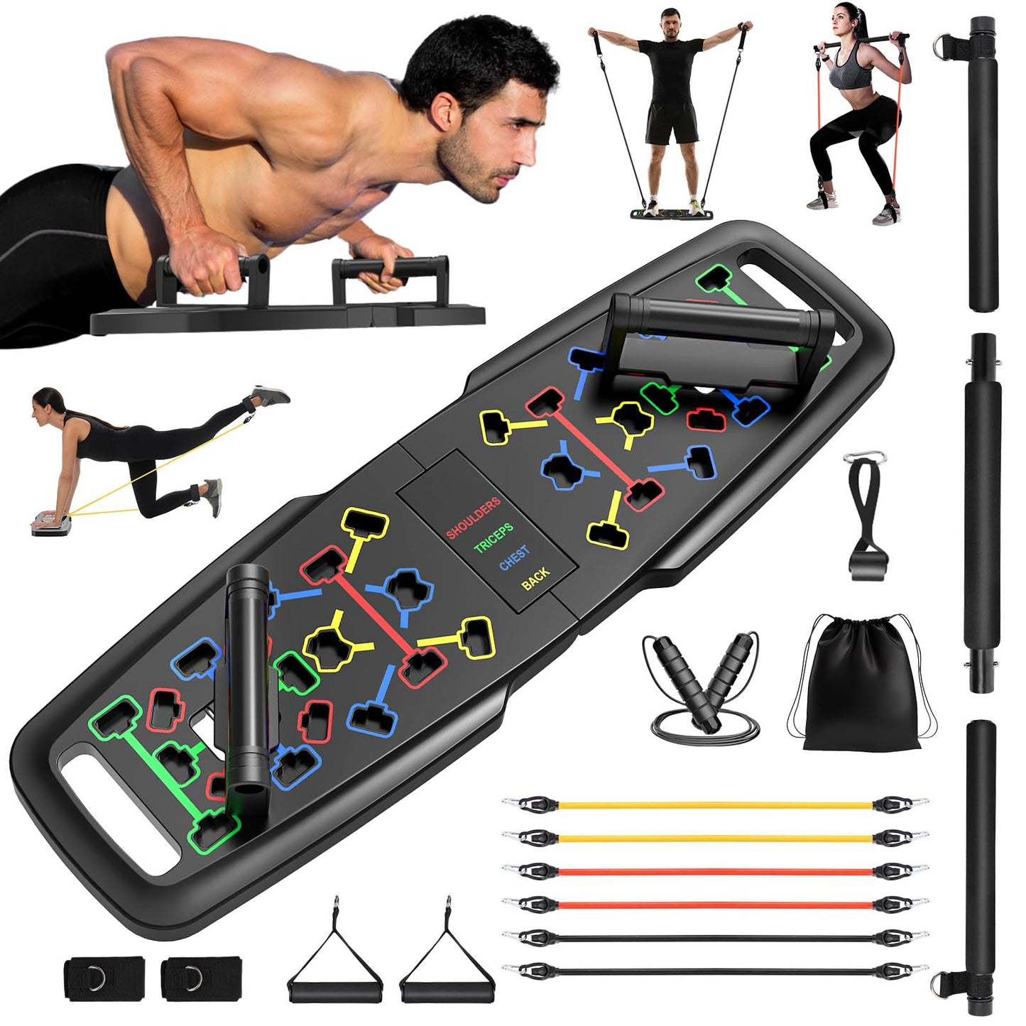 Portable Home Gym Workout Equipment, Push Up Board, Pilates Bar & Fitness Accessories with Resistance Bands for Upper Body Strength Training Full Body Workout at Home