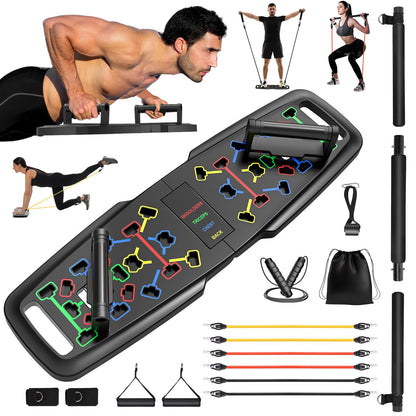 Portable Home Gym Workout Equipment, Push Up Board, Pilates Bar & Fitness Accessories with Resistance Bands for Upper Body Strength Training Full Body Workout at Home