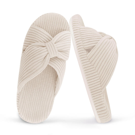 MAJOALLURE Women's Cozy Memory Foam Arch Support House Slippers Ladies Orthopedic Crossband Open Toe Home Bedroom Bed Slippers for Plantar Fasciitis Fluffy Corduroy Bow Slide Indoor Outdoor White 7-8