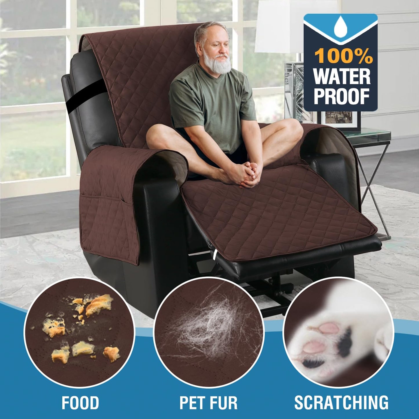 H.VERSAILTEX 100% Waterproof Power Lift Recliner Chair Cover Non Slip Electric Power Lift Recliner Covers for Recliner Chair with Pocket Large Recliner Chair Covers, Brown