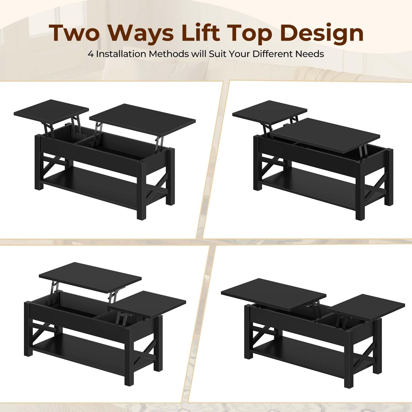 Rolanstar Coffee Table 47.2", 2 Way Lift Top Farmhouse Center Table with Hidden Compartment, Open Shelf & X Wooden Support for Living Room, Black