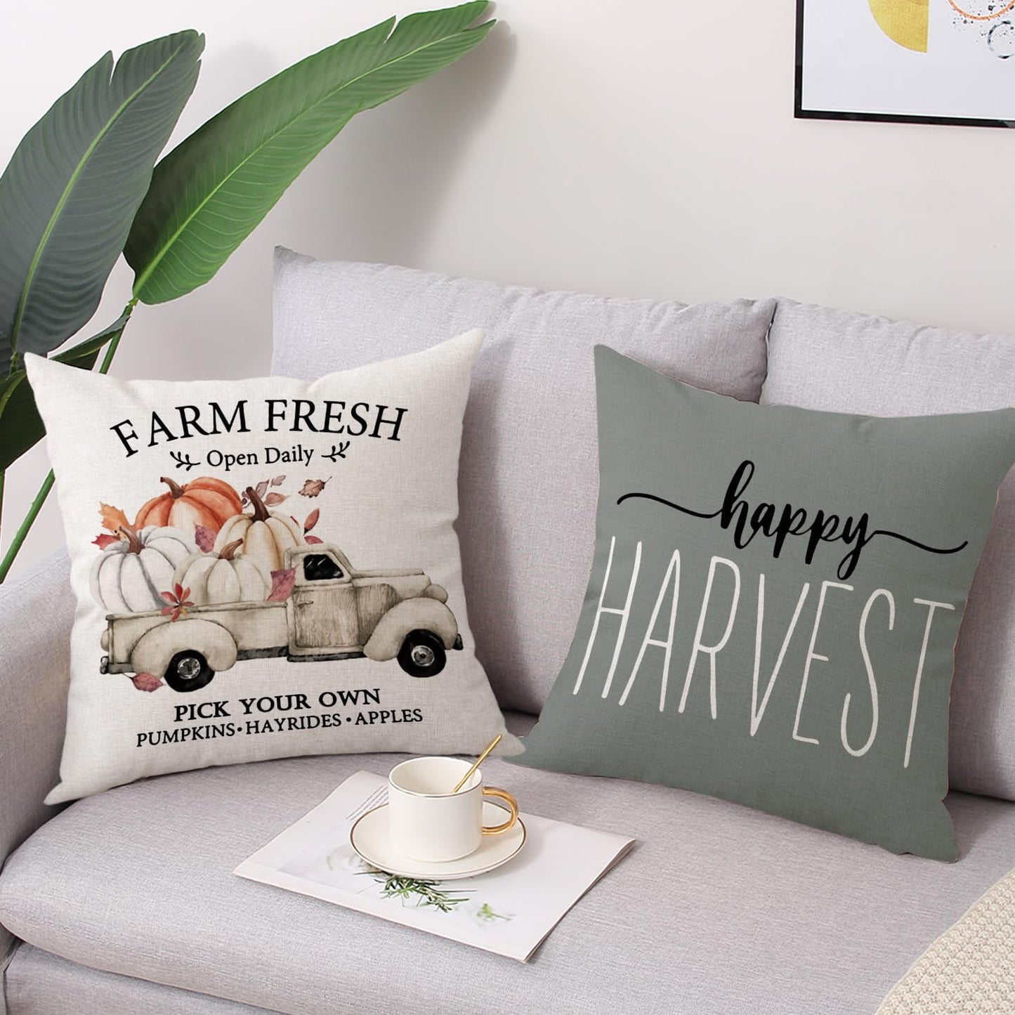 Gujiahone Fall Throw Pillow Covers 18x18 Inches Set of 4 for Fall Decor Gray Pumpkin Truck Happy Harvest Farmhouse Decorative Thanksgiving Autumn Cushion Covers for Sofa Couch