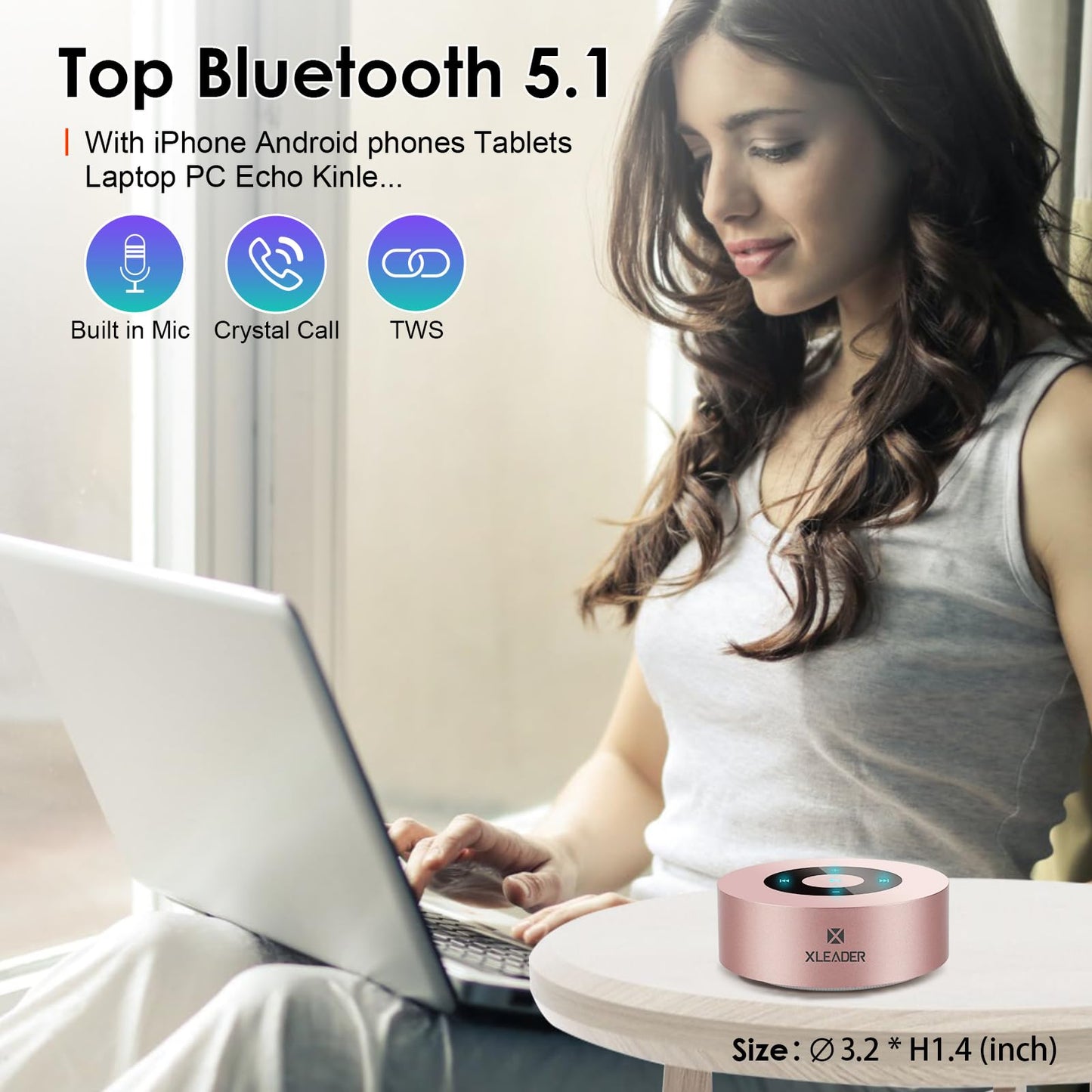 XLEADER [Smart Touch] Mini Bluetooth Speaker SoundAngel A8 (3rd Gen) Premium Rose Gold with Portable Waterproof Case Mic TF Card Aux, for iPhone iPad Shower Electronic Christmas Xmas Gifts