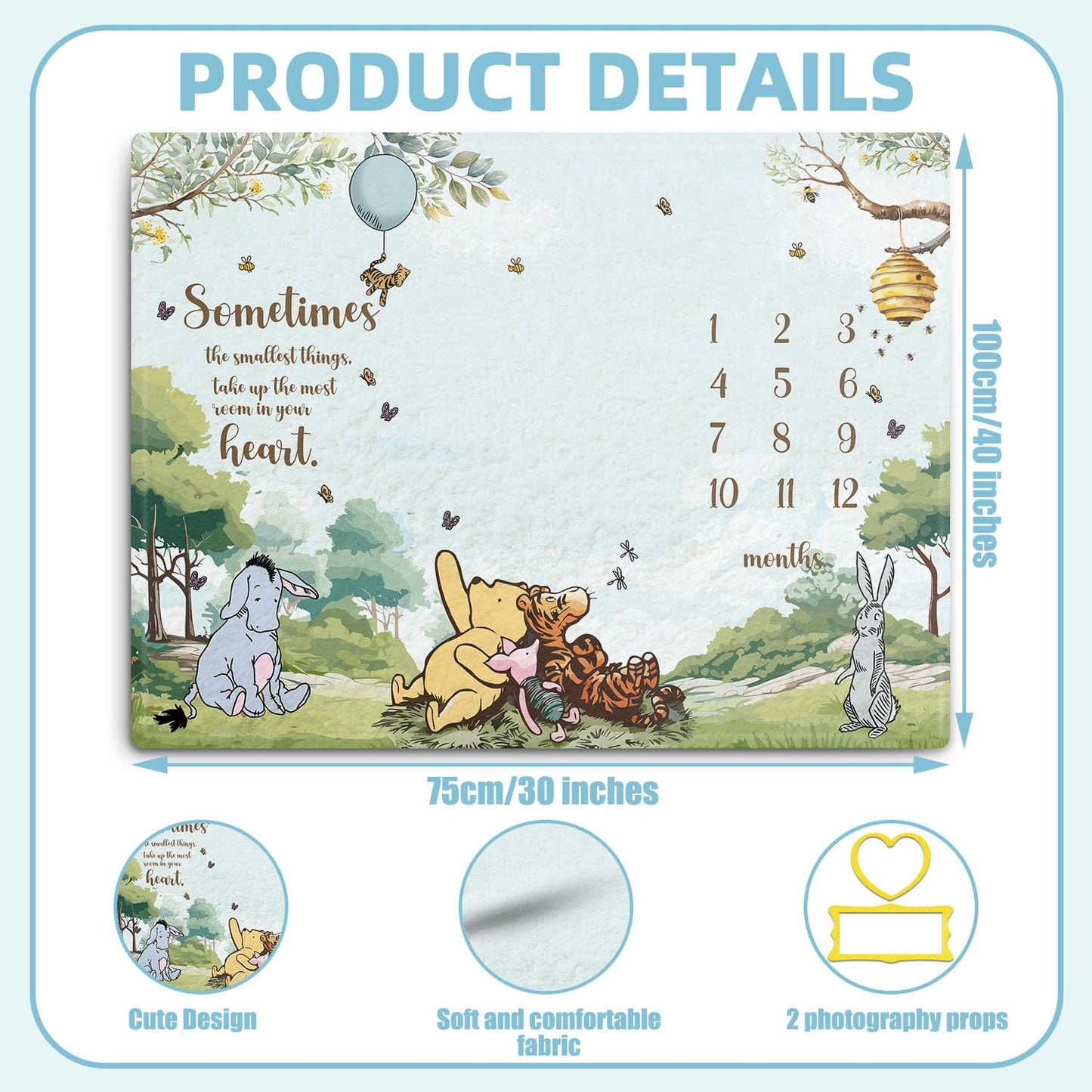 Guawubiang Winnie Milestone Blanket for Baby Boy, The Pooh Babies Monthly Milestone Blanket Gift, Baby Growth Photo Blankets with Photo Tools, Perfect for Baby Shower Birthday Party