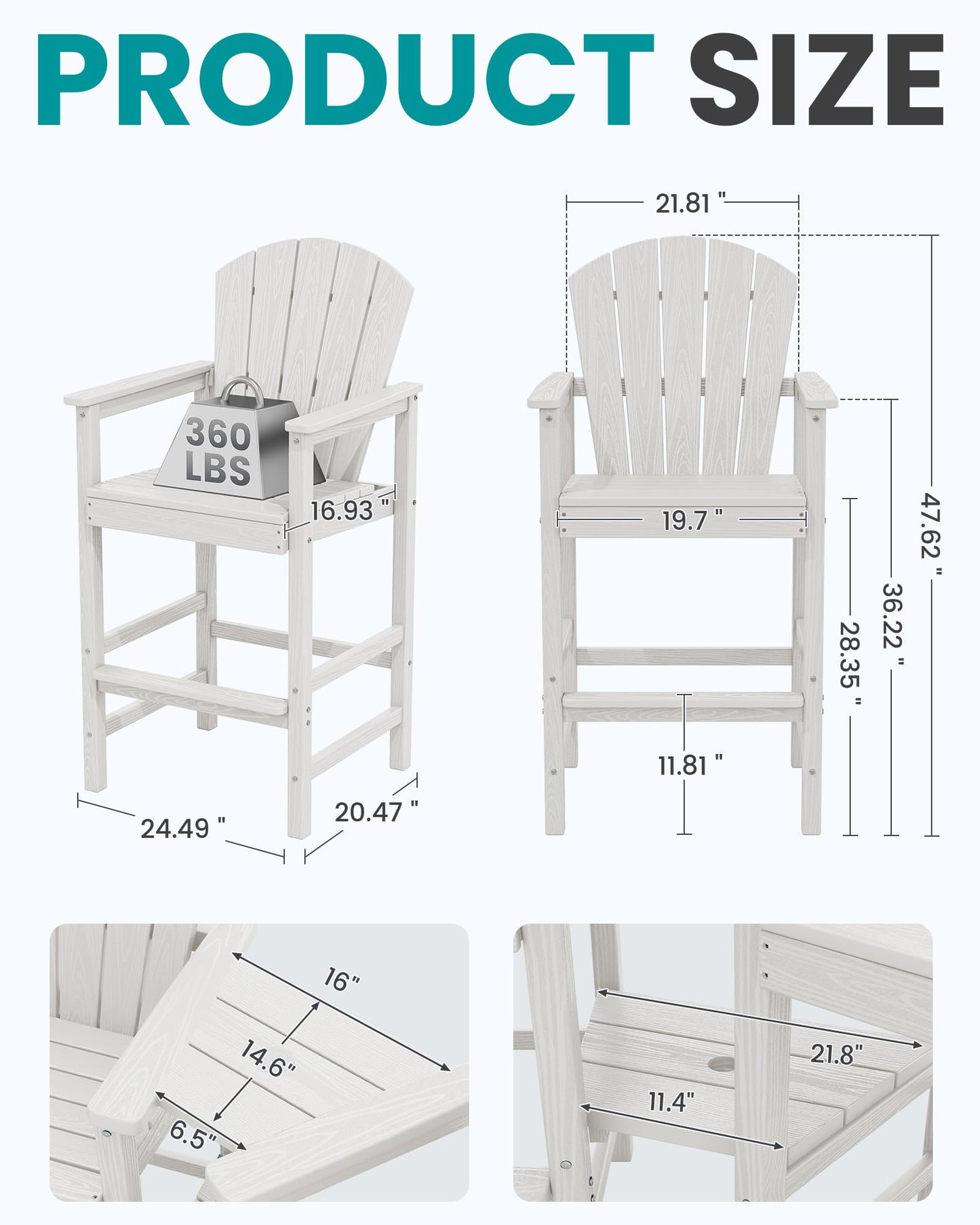 SERWALL Tall Adirondack Chairs Set of 2 with Double Layer Connecting Tray, HDPE Bar Height Outdoor Chairs, Wood-Like Adirondack Bar Stools for Patio, Balcony, Porch, White
