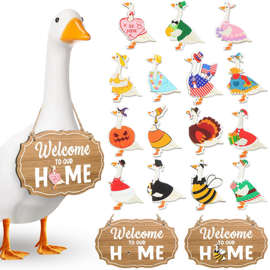 Memorywuu 16 Pcs Interchangeable Porch Goose Welcome Sign Seasonal Holiday Goose Sign with Wooden Holiday Geese Magnetic for 23"Cement Plastic Porch Geese Outdoor Statue Patio(Brown,Oval)