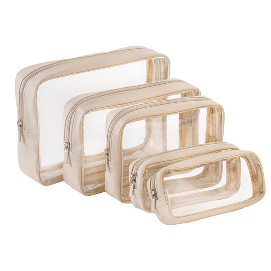 Remobia Hicol TSA Approved 5-Piece Diaper Bag Organizer Pouch Set Clear Waterproof TPU Kids Toiletry Storage Set Travel Packing Clutch Cube Bags for Baby Nursing(Cream leather)