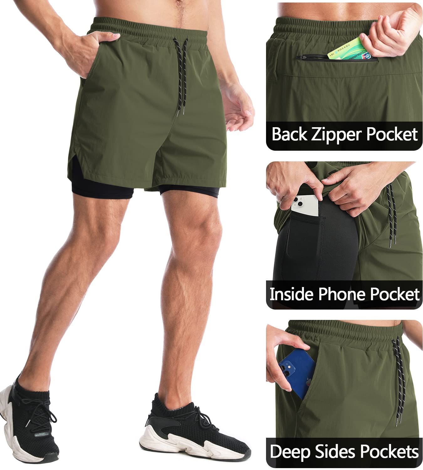 Aolesy Men’s 2 in 1 Running Shorts 5 Inch Workout Gym Athletic Shorts for Men Quick Dry Lightweight Training Shorts with Pockets Olive Green