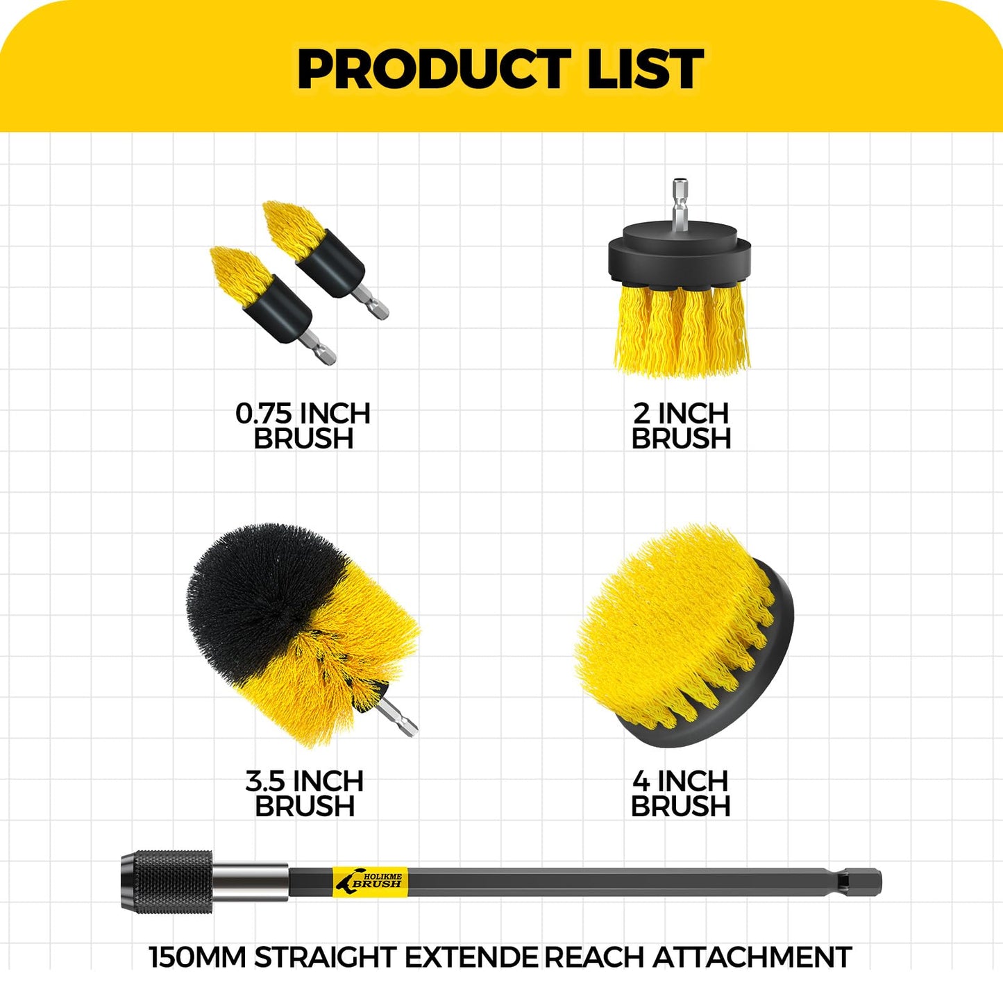 Holikme 6Pack Drill Brush Power Scrubber Cleaning Brush Extended Long Attachment Set All Purpose Drill Scrub Brushes Kit for Grout, Floor, Tub, Shower, Tile, Bathroom and Kitchen Surface，Yellow