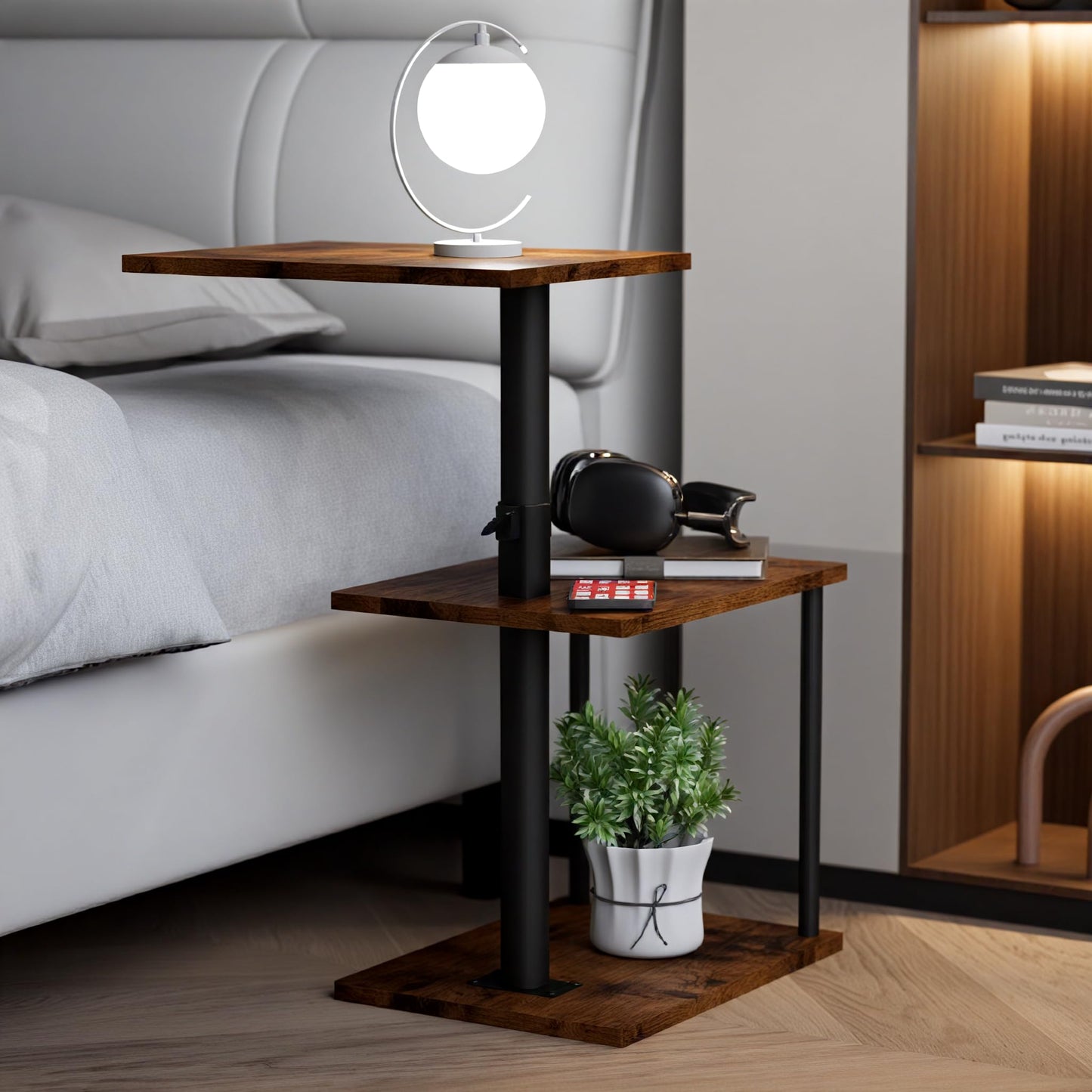 Faesun Swivel Side Table for Couch Arm, Height Adjustable C Shaped End Table for Recliner or Bed, Tv Trays with Storage Shelf for Small Spaces- Small Nightstand for Living Room, Bedroom