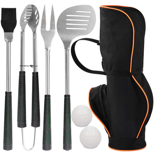 POLIGO 7PCS Golf-Club Style BBQ Tools Set Grilling Tools with Rubber Handle - Stainless Steel Grill Accessories for Outdoor Grill Set Premium Grill Utensils Set Christmas Birthday Gifts for Men Dad