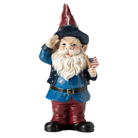 Alpine Corporation 12" Tall Outdoor Patriotic Garden Gnome Saluting Yard Statue Decoration