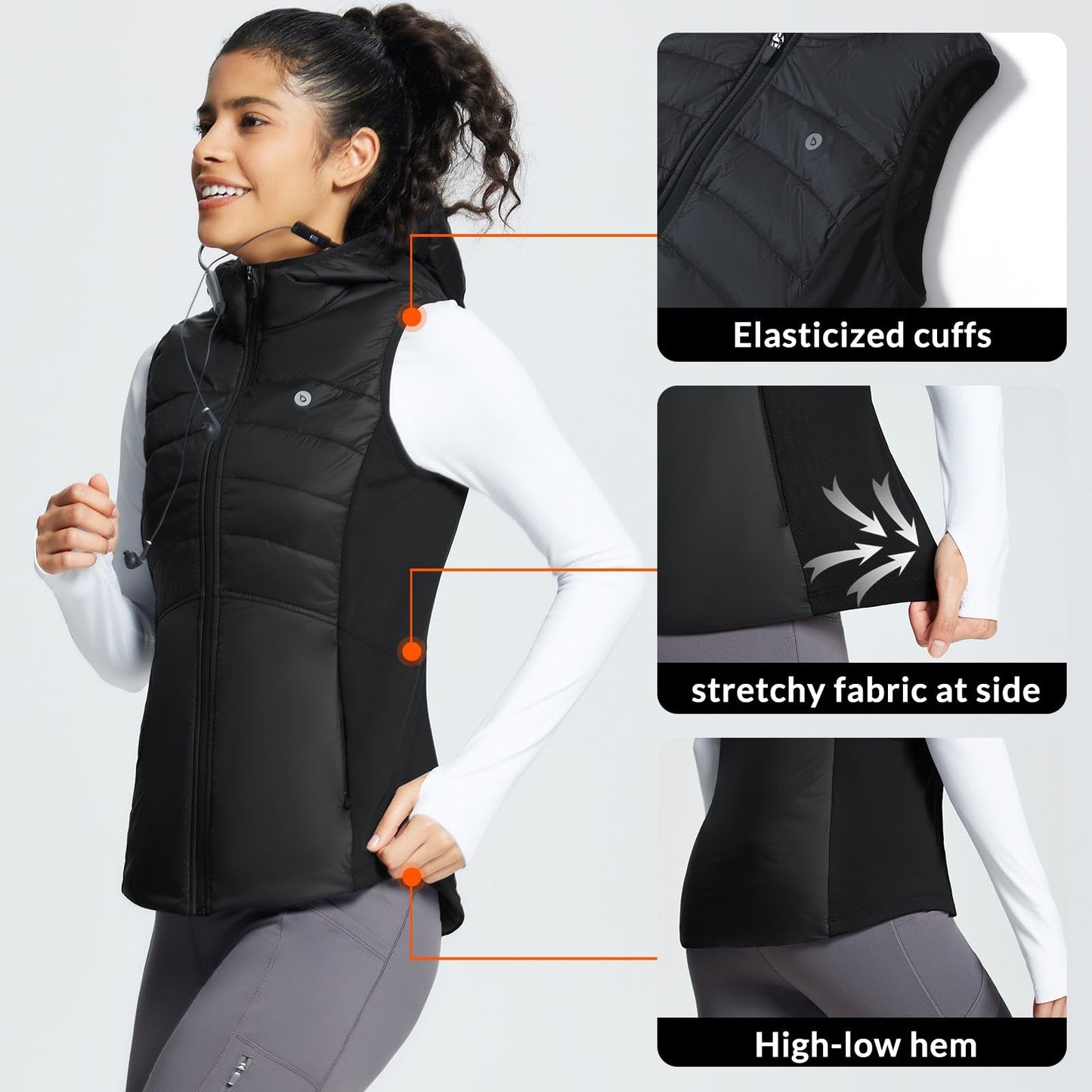 baleaf Puffer Vest Women Running Vests Sleeveless Fall Winter Hooded Slim Fit Lightweight Hybrid Water Resistant Down Jacket Black M