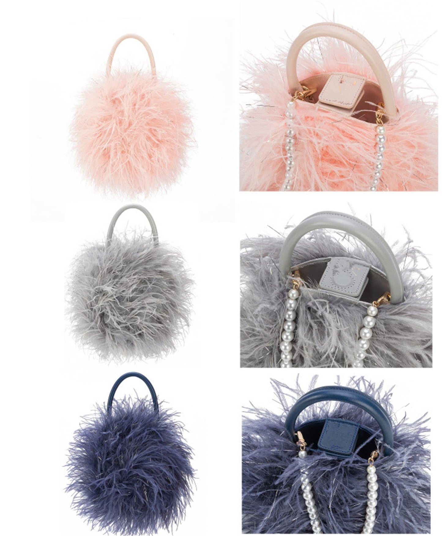 Skying Women's Real Ostrich Feather Evening Purse Handbag Clutch, Party Gift Wool Bag Wallet Tote For Winter (Pink)