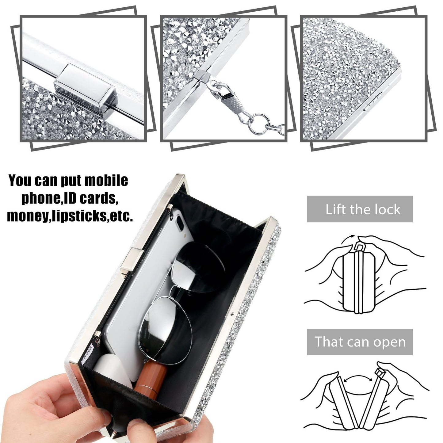 Kigeli 4 Pieces Women Rhinestone Evening Clutch Bag Bling Earring Necklace Bracelet for Wedding Formal(Silver)