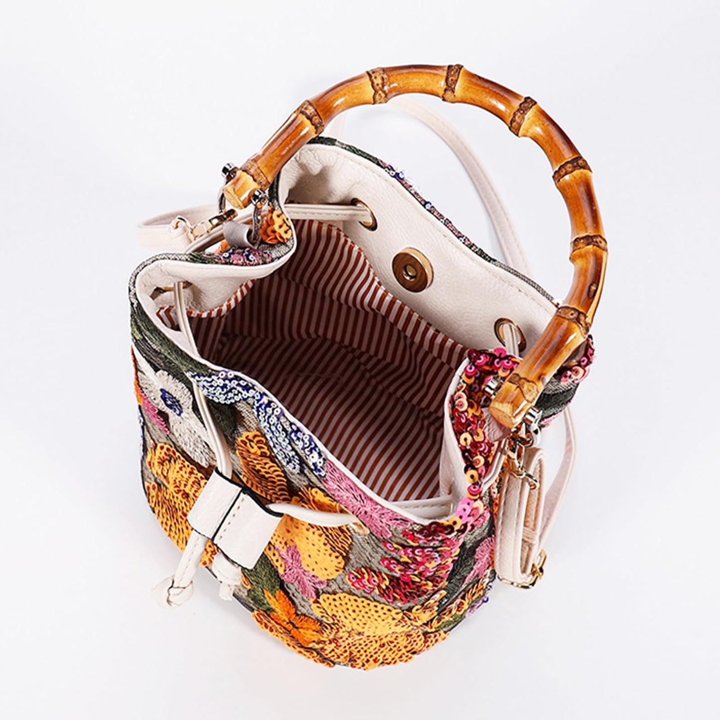 Crossbody Bags for Women, Beach Bag, Hand Embroidered Tot Bag, Bamboo carry handle Bucket bag, Bohemian Handbags Suitable for Vacation Travel Daily Matching