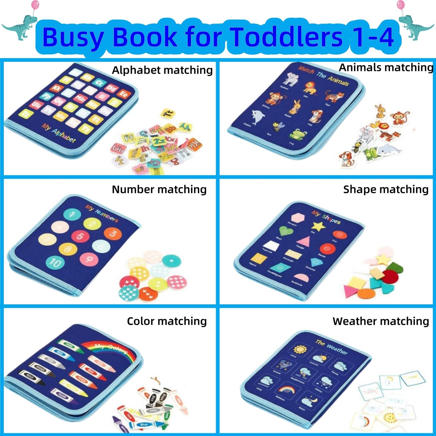 GLOBEFLY Toddler Busy Board Montessori Toys, Busy Book for Toddlers 1-3, Sensory Board Educational Activities for Learning Fine Motor Skills, Airplane Car Travel Toys Gifts for Girls Boys, Blue-5page