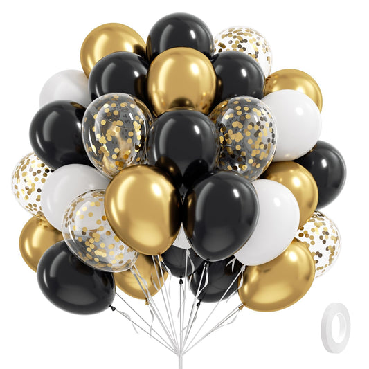 Black White and Gold balloons, 60pcs 12inch Black White Metallic Gold Confetti Balloons for Graduation 2025 Anniversary Birthday Party Decorations