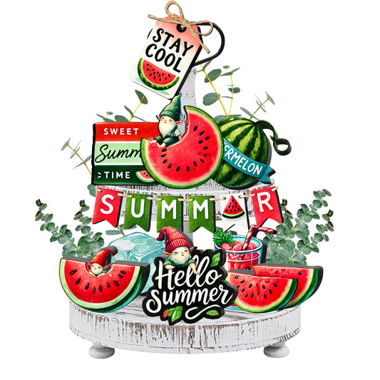 16 Pcs Summer Watermelon Decor - Wooden Farmhouse Tiered Tray Decorations Set, Watermelon Gnome Tiered Tray Decor, Summer Decorations for Home, Room, Table, Party, Kitchen, Office