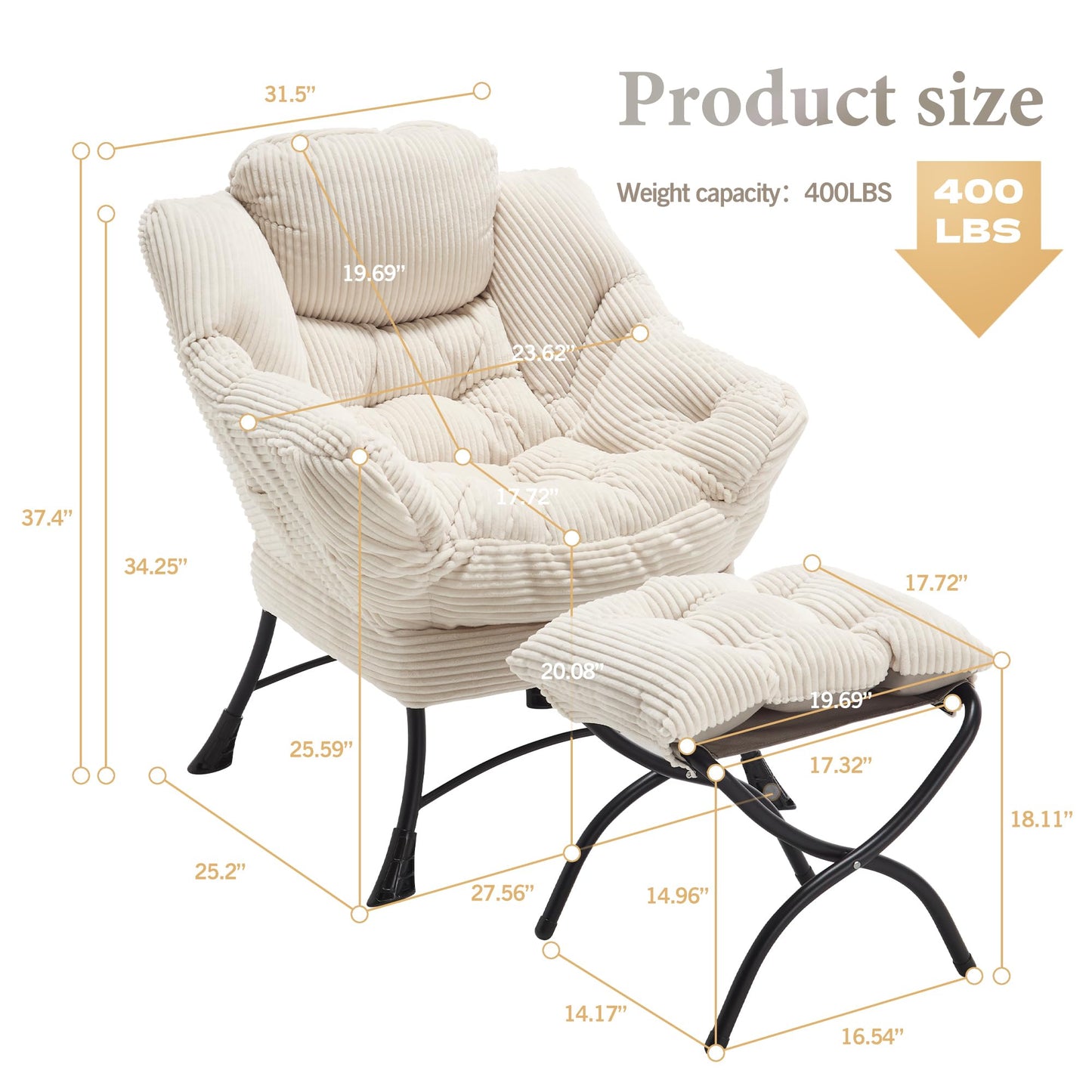 HOMEFUN Lazy Chair with Ottoman Bedroom Chairs for Adults Modern Lounge Accent Chair with Armrests, Ergonomic Footrest for Small Spaces, Comfy Reading Chair for Living Room, Bedroom, Office White