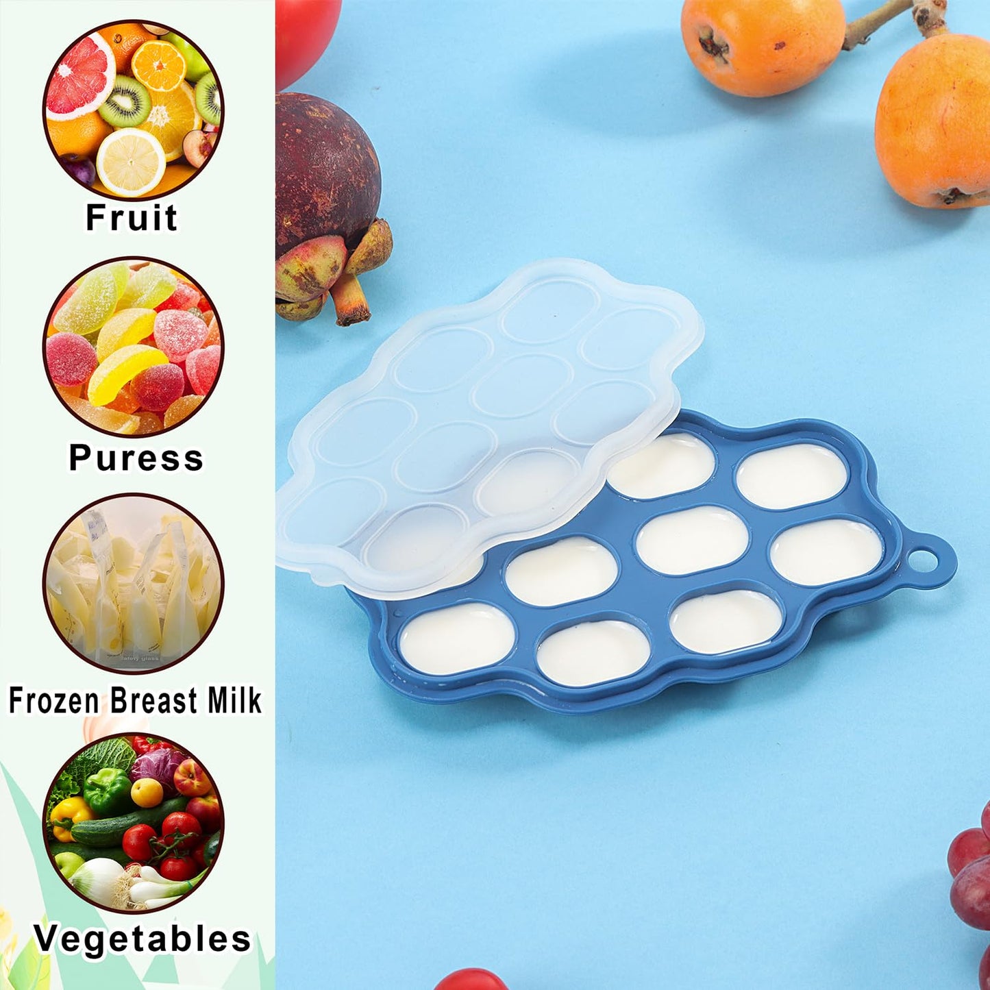 Baby Fruit Feeder & Breastmilk Popsicle Molds – (3-Pack) Teething Relief Set with Mesh & Silicone Pacifiers, Freezer Tray, Food Feeder for 0–12 Months, BPA Free – (Steel Blue)