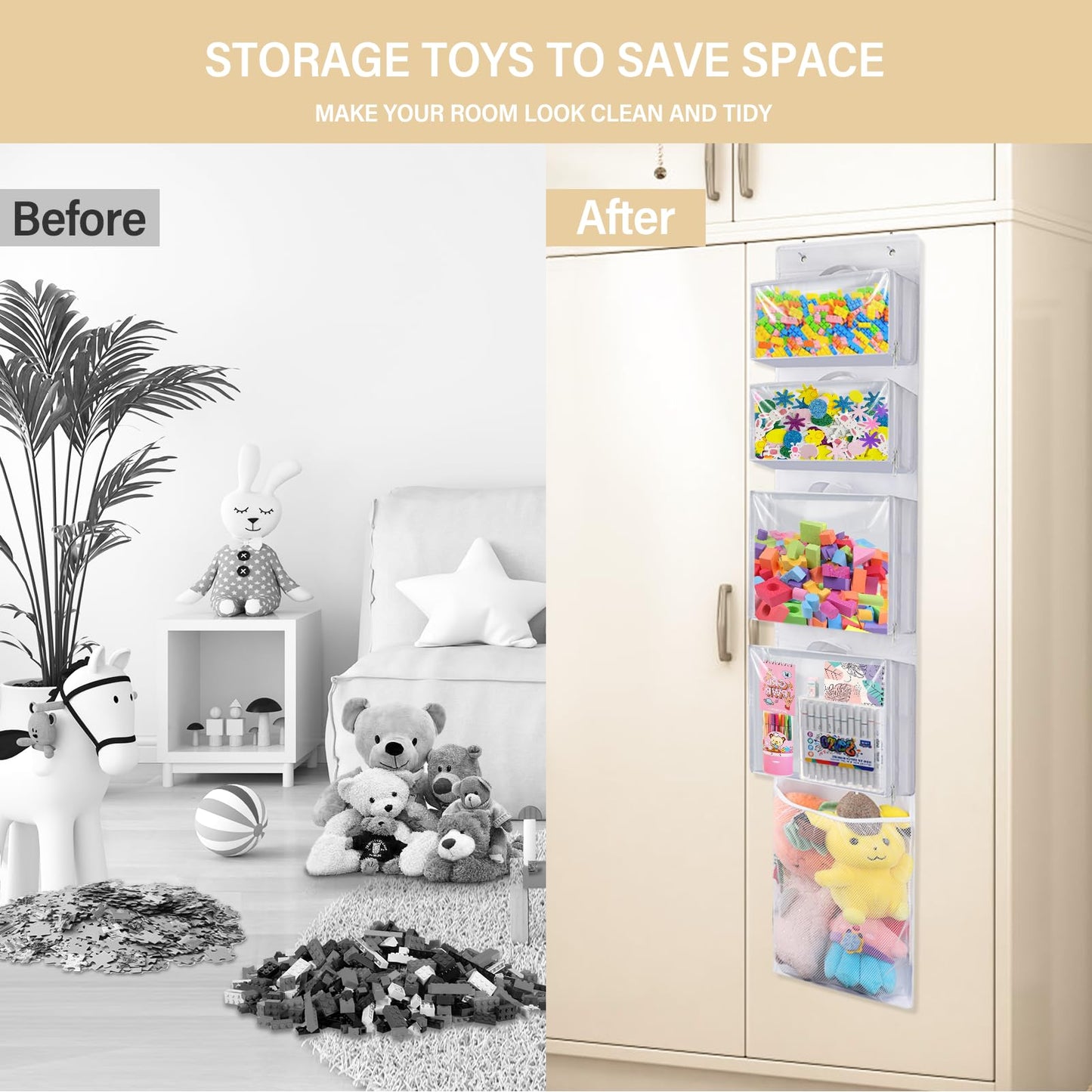 Woodoulogy Hanging Toy Storage over Door, Block Stuffed Animal Organizer Idea with 4 Removable Case Bag, Bi-Fold Closet Holder with Mesh Pocket for Kid Boy Girl