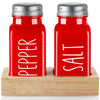 Red Salt and Pepper Shakers Set with Holder - Dopeca Glass Salt Shaker with Wood Tray for Kitchen Counter - Red Kitchen Decor and Accessories - for Christmas Kitchen Housewarming Gift - 2.7 oz