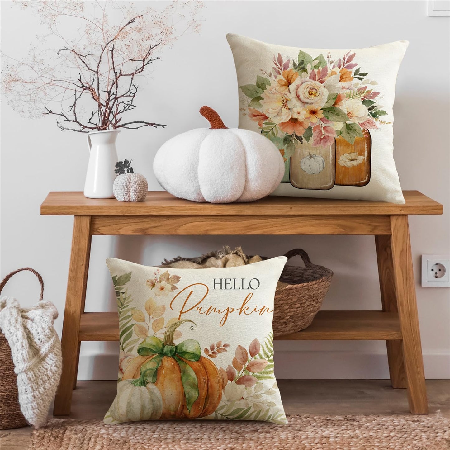 NIGHTWISH Fall Pillow Covers 18x18 Set of 4 Thanksgiving Farmhouse Decorations Leaves Pumpkin Outdoor Fall Decor Throw Pillow Covers Floral Mason Jars Harvest Autumn Cushion Case for Sofa Couch