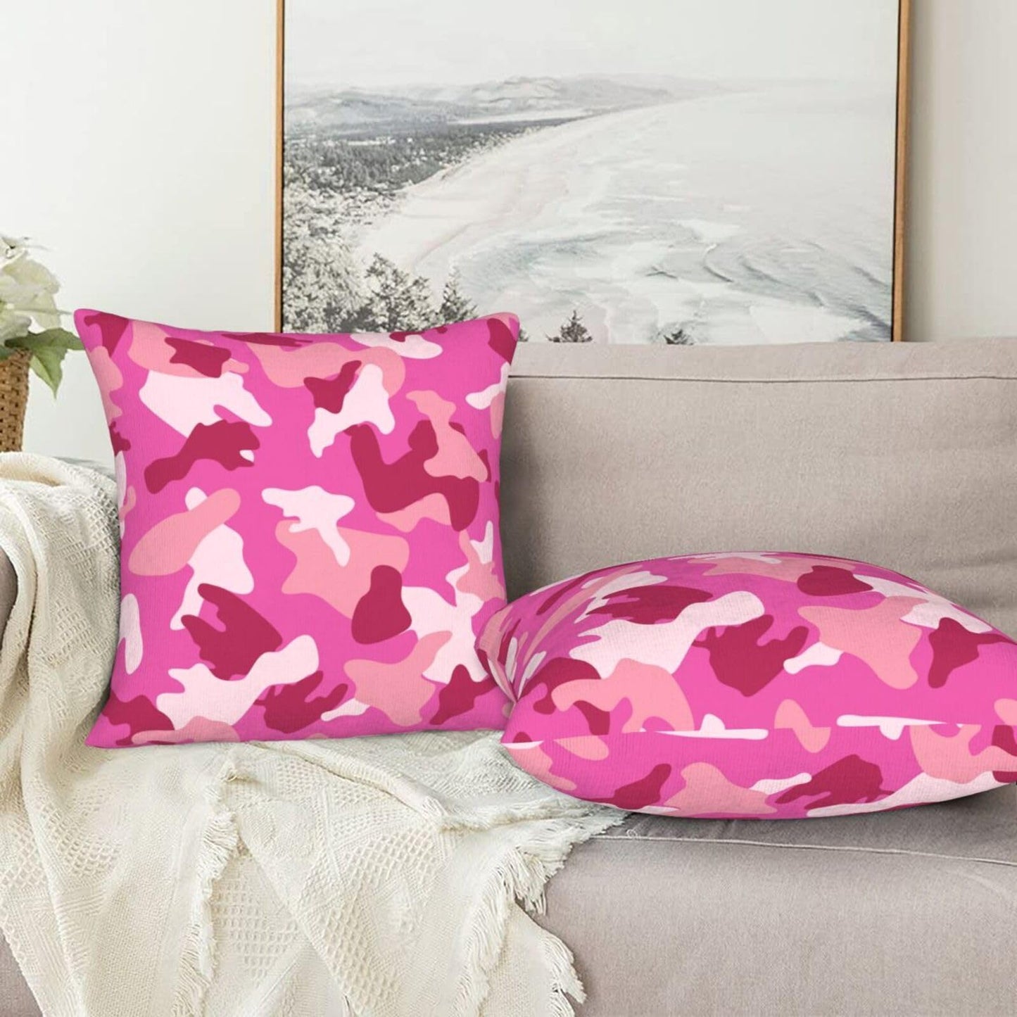Perinsto Military Camouflage Pink Throw Pillow Covers Set of 2 Army Camo Decorative Pillowcases Soft Cushion Covers for Sofa Couch Bed Home Decor, 18"X18"