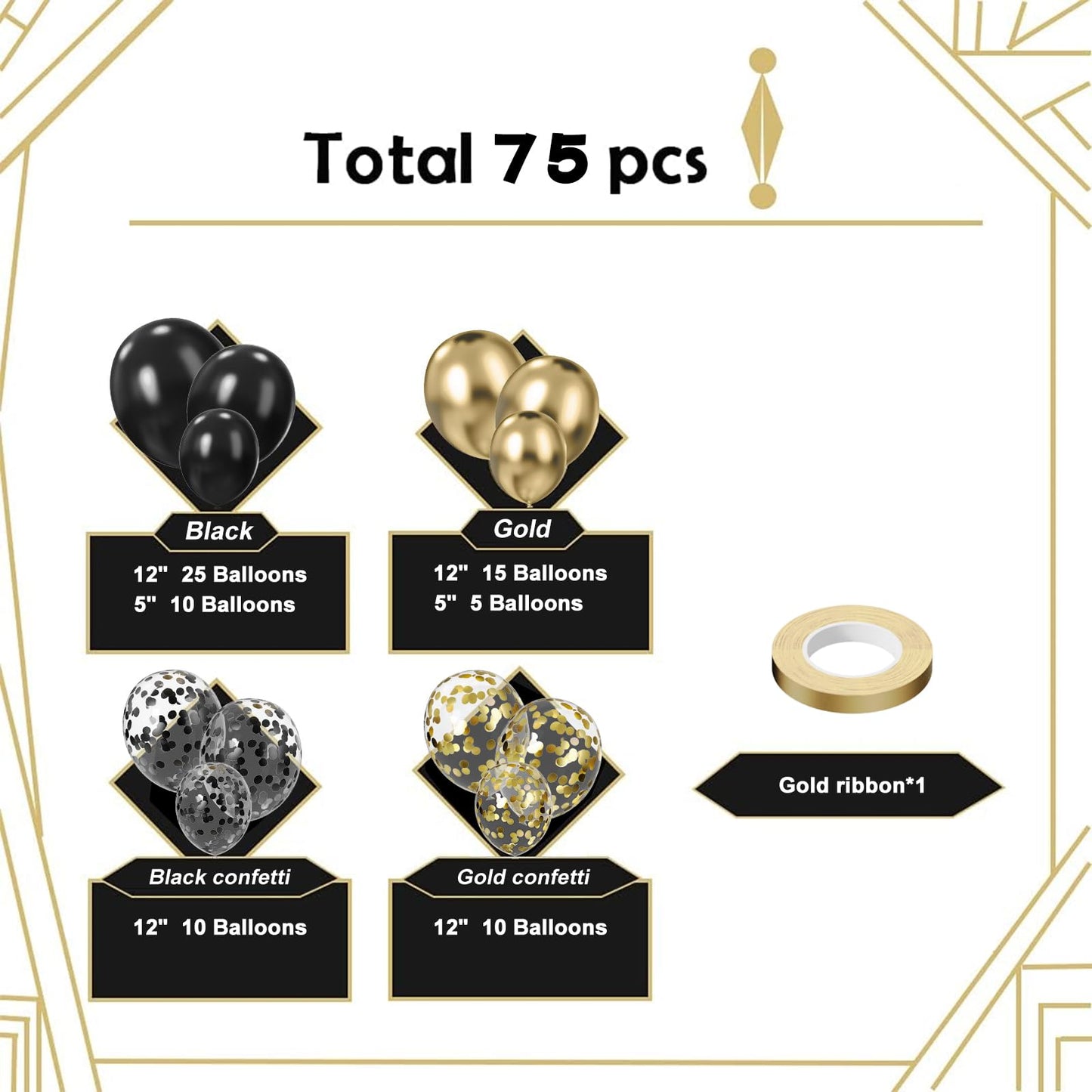 Black and Gold Balloons,75PCS Gold and Black Balloons,12in and 5in Black Gold Latex Party Balloons for Birthday, New Years, Wedding, Graduation Decorations