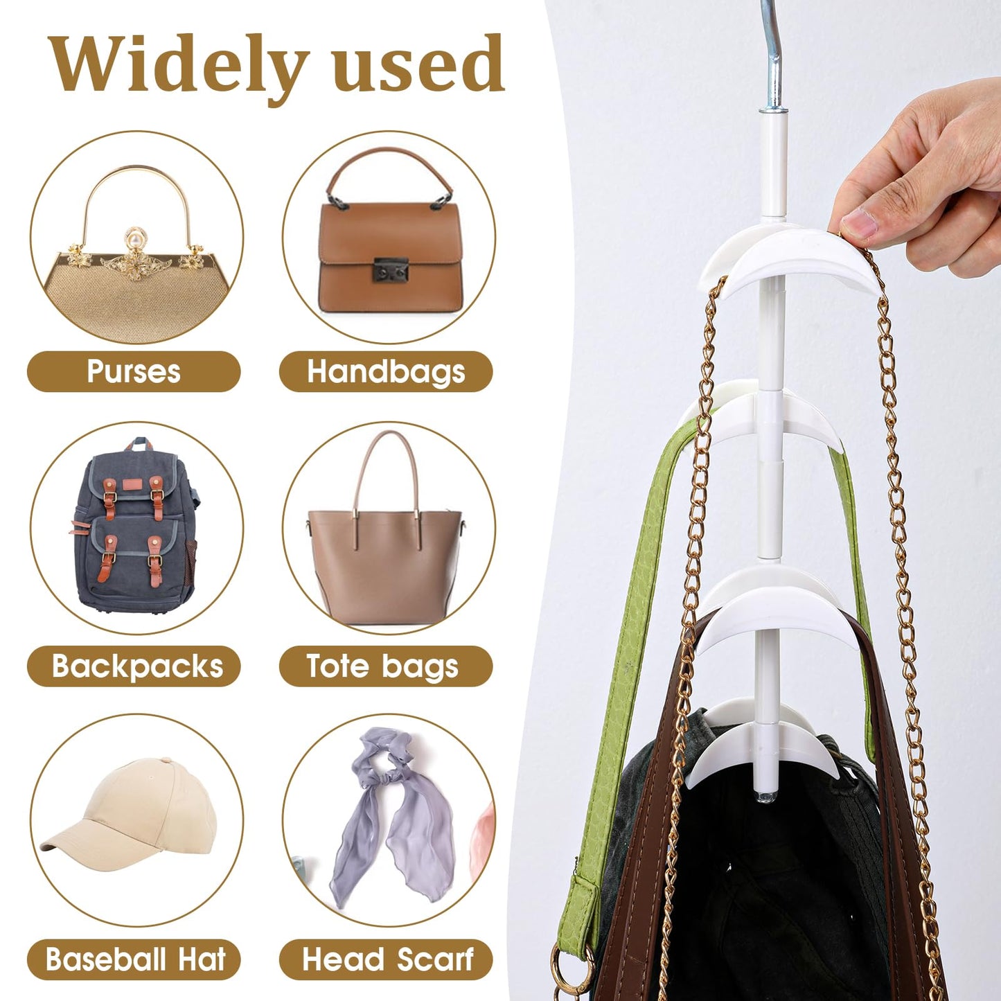 Dimeho 4 Pcs Purse Hanger for Closet, Hanging Bag Holder 360°Rotatable Handbag Hook Space Saving Bags Storage Metal Backpack Rack Purses White Tote Bag Hanging Organizer for Closet