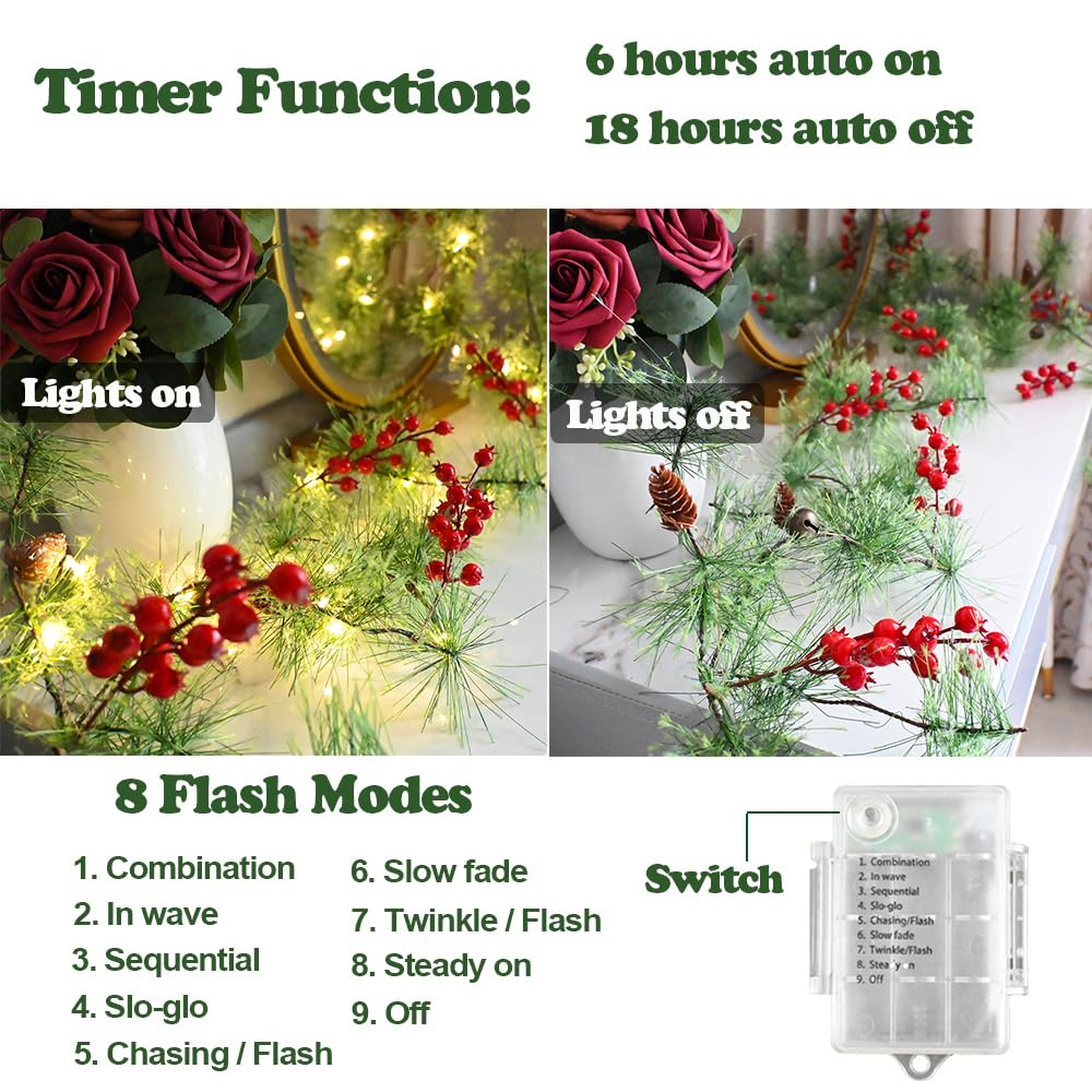 ChiRee Christmas Garland 6.56FT 30 LED Smokey Pine With Lights Battery Operated Pine Cone Red Berry Bells Green Decorations for Xmas Holiday Indoor Outdoor Home