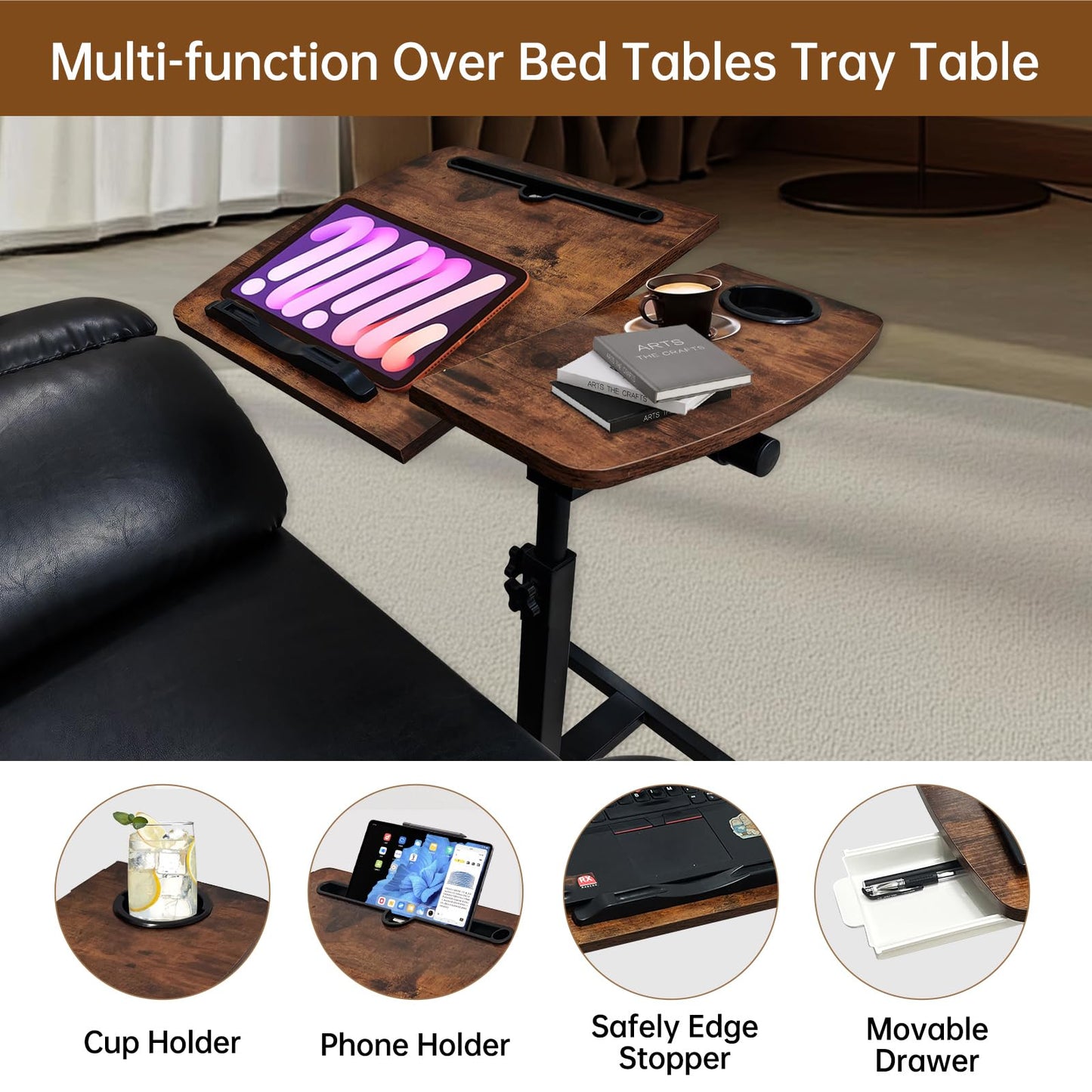 DOKKOME Medical Adjustable Overbed Bedside Table with Wheels, Mobile Standing Desk Laptop Computer Cart with Phone Holder and Drawer for Hospital and Home Use
