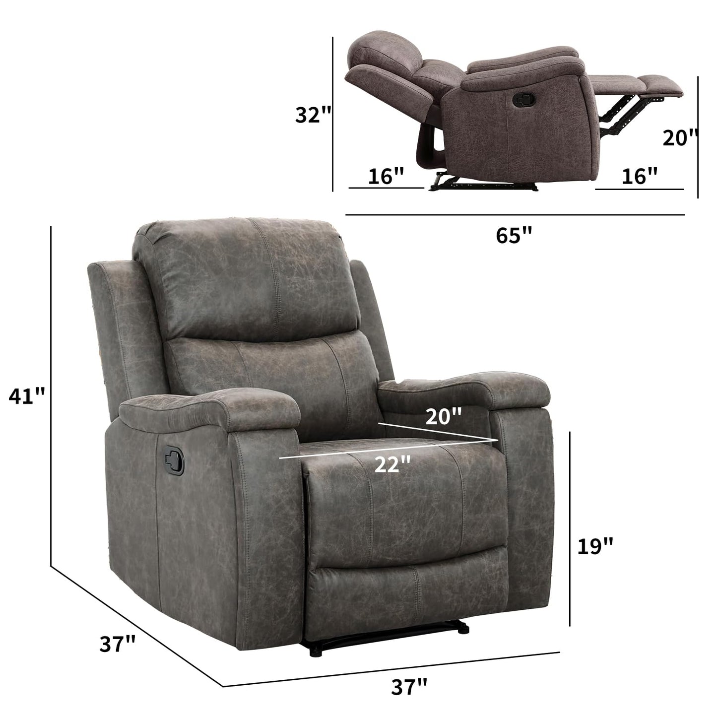 CANMOV Leather Recliner Chair, Classic and Traditional Manual Recliner Chair with Overstuffed Arms and Back, Manual Single Sofa with Concealed Cup Holders,Grey