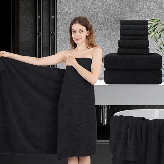 Jessy Home Black 8 Piece Bath Towel Set |2 Oversized Large Bath Sheet,2 Hand Towels,4 Washcloths| Soft Luxury Towel Set for Bathroom Hotel,Highly Absorbent Quick Dry 600GSM Bathroom Towel Collections