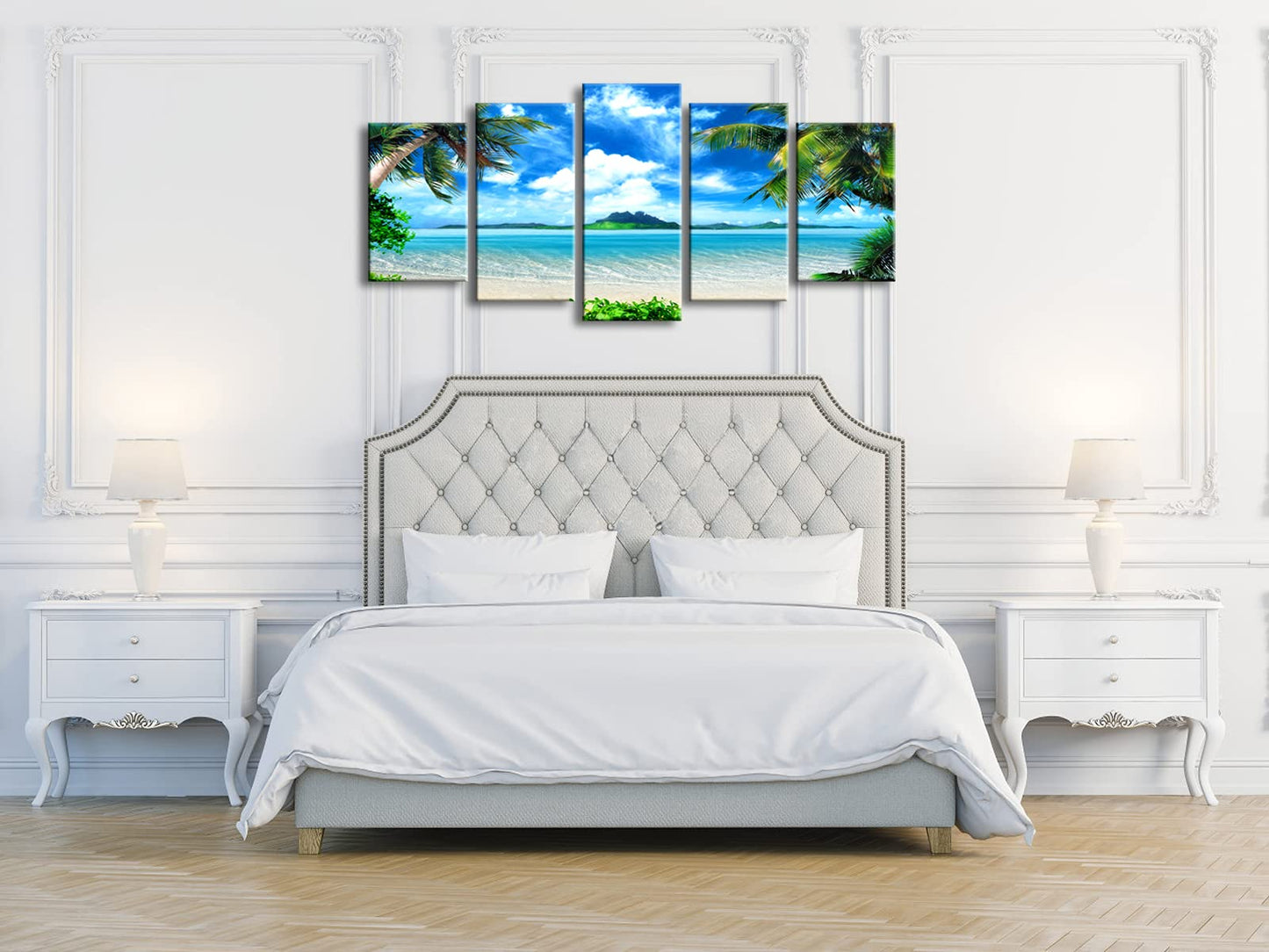 Pyradecor Modern 5 Panels Blue Sea Beach Pictures Paintings on Canvas Wall Art Stretched Contemporary Landscape Ocean Canvas Prints Artwork for Bedroom Home Decorations