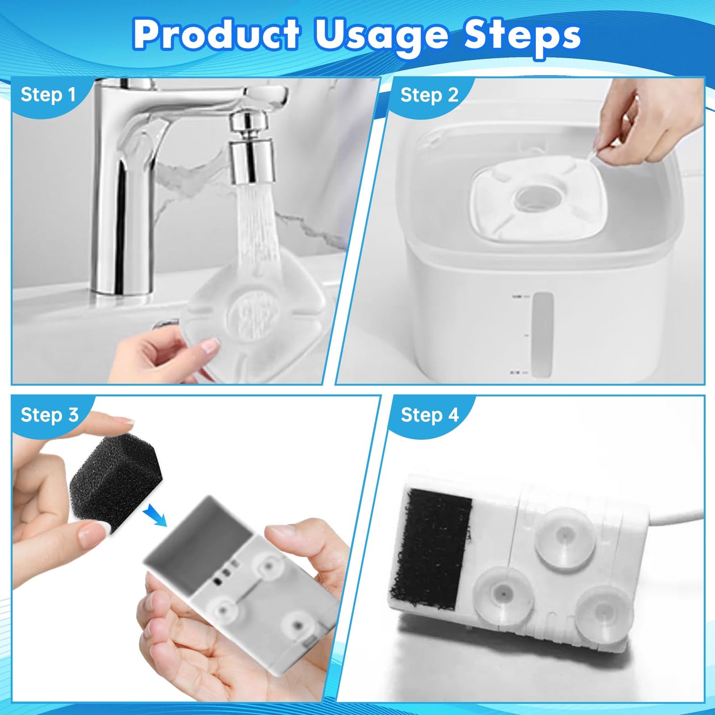 16 Pcs Cat Water Fountain Replacement Filters, 8 Pack Pet Fountain Filters 8 Pack Pre- Sponges Fit for 67oz, 95oz, 135oz Automatic Pet Fountain Dog Water Dispenser