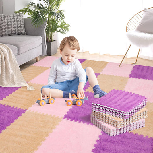 36 Pcs Plush Interlocking Carpet Tiles，Non-Toxic Foam Carpet Tiles for Toddler Baby，Machine-Washable，Anti-Slip，EVA Foam Interlocking Tiles for Floor, Nursery, Playroom，Purple,Light Brown,Pink