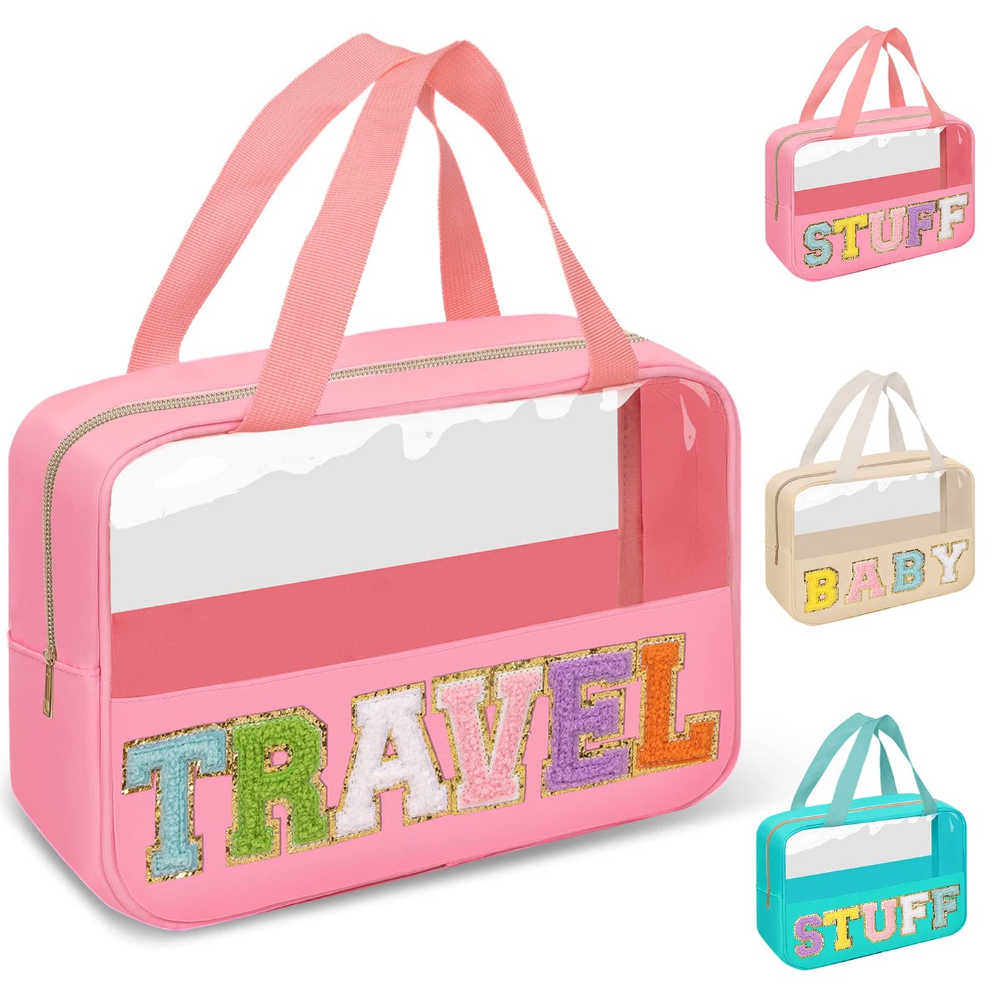 Preppy Clear Travel Makeup Bags with Chenille Letter Patches, Travel Essentials Large Clear Make up Bag Zipper Pouch with Handle, Waterproof Nylon Cosmetic Toiletry Storage Tote for Women(TRAVEL-Pink)