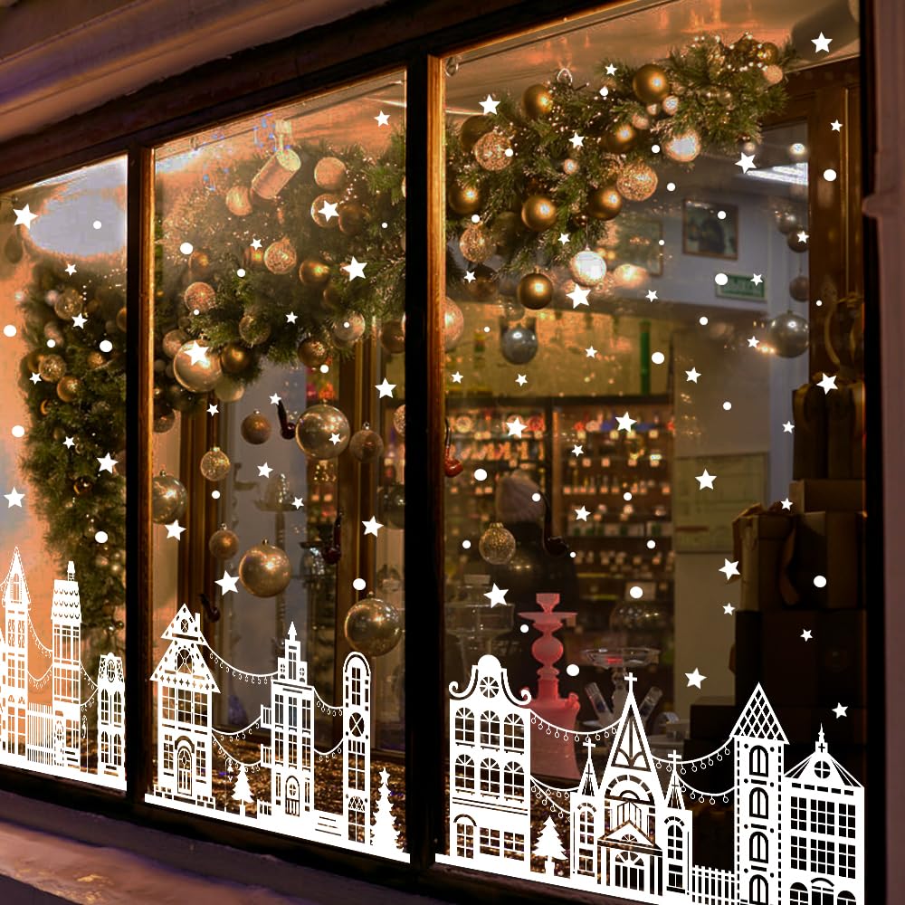 Vellibring 72" Christmas Window Clings - Winter House Decals, Simple Style Reusable Non-Adhesive Street Scene Border Stickers for Home, Cafe, Mall Glass Door, Christmas Decor