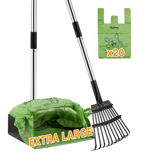 Toozey Unbreakable Dog Pooper Scooper with Extra Large Stainless Metal Poop Tray & 43.31" Long Handle Rake Scoop, Easy Waste Cleanup for Large, Medium, Small Dogs with 20 Bags