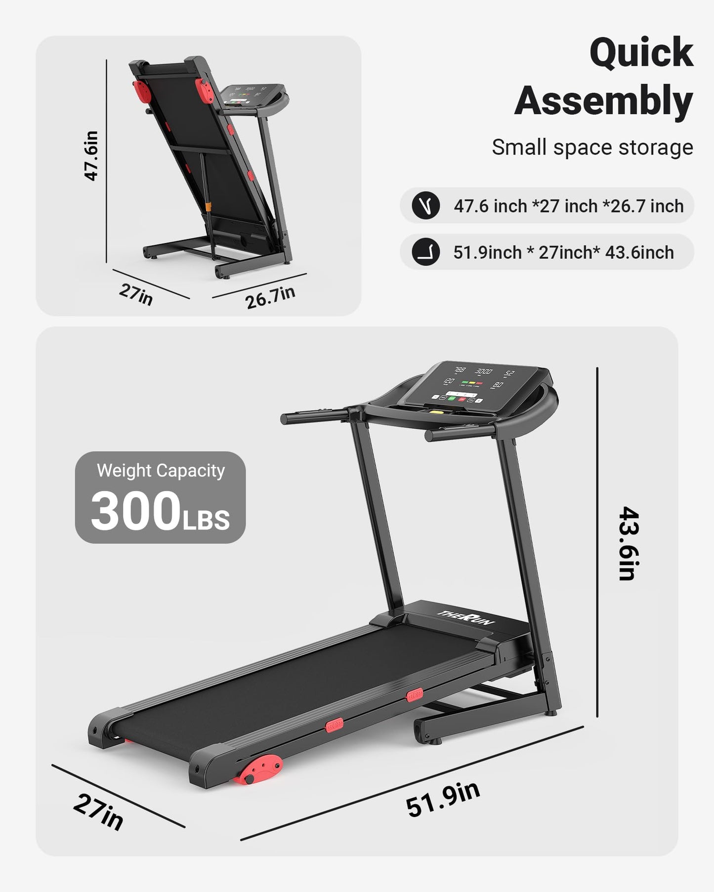 THERUN Treadmills for Home, Running Treadmill with Incline, Foldable Treadmills Heart Rate Sensors, 18″LED Display Manual Incline Adjustment, 3.0HP Treadmill for Indoor Fitness Workouts