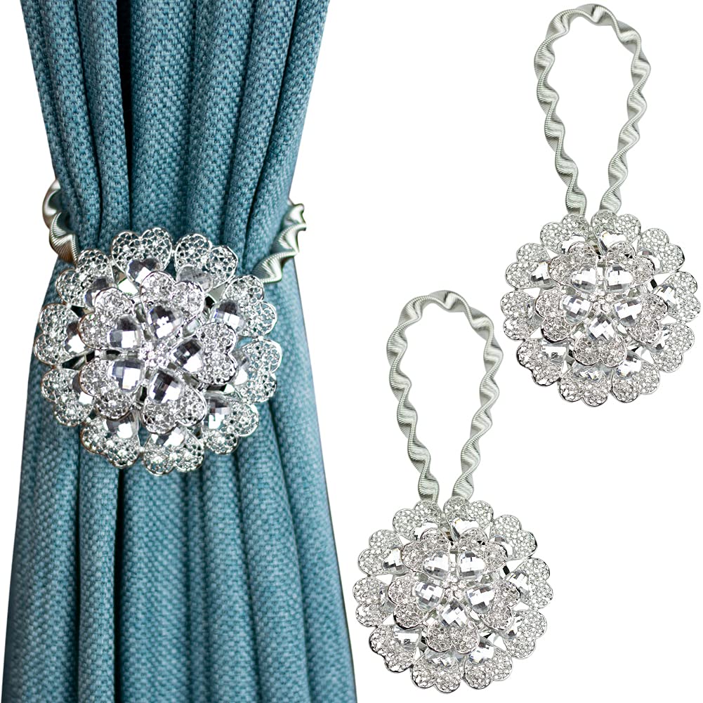2PCS Curtain Tiebacks Buckle Magnetic Clips No Drilling Drapery Holdbacks Holders with Stainless Spring Wire Rope for Bedroom,Living-Rooms,Office Decoration,Silvery