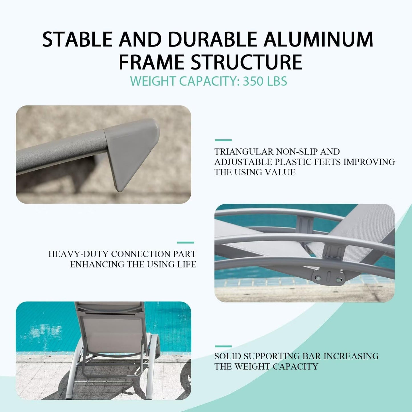 Domi Pool Lounge Chairs Set of 2, Adjustable Aluminum Outdoor Chaise Lounge Chairs, All Weather for Deck Lawn Poolside Backyard -Grey Textilene