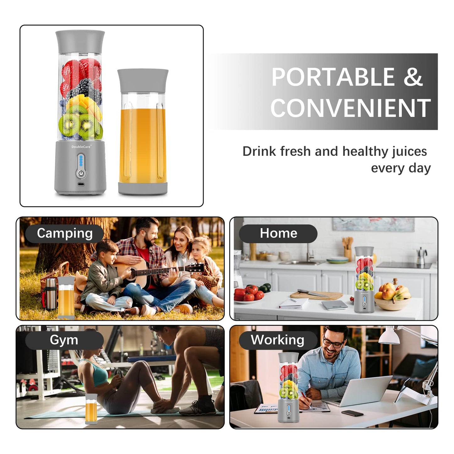 DoubleCare Portable Blender Cup,Electric USB Juicer Blender,Mini Blender Portable Blender For Shakes and Smoothies, Juice,380ml, Six Blades Great for Mixing,white, grey