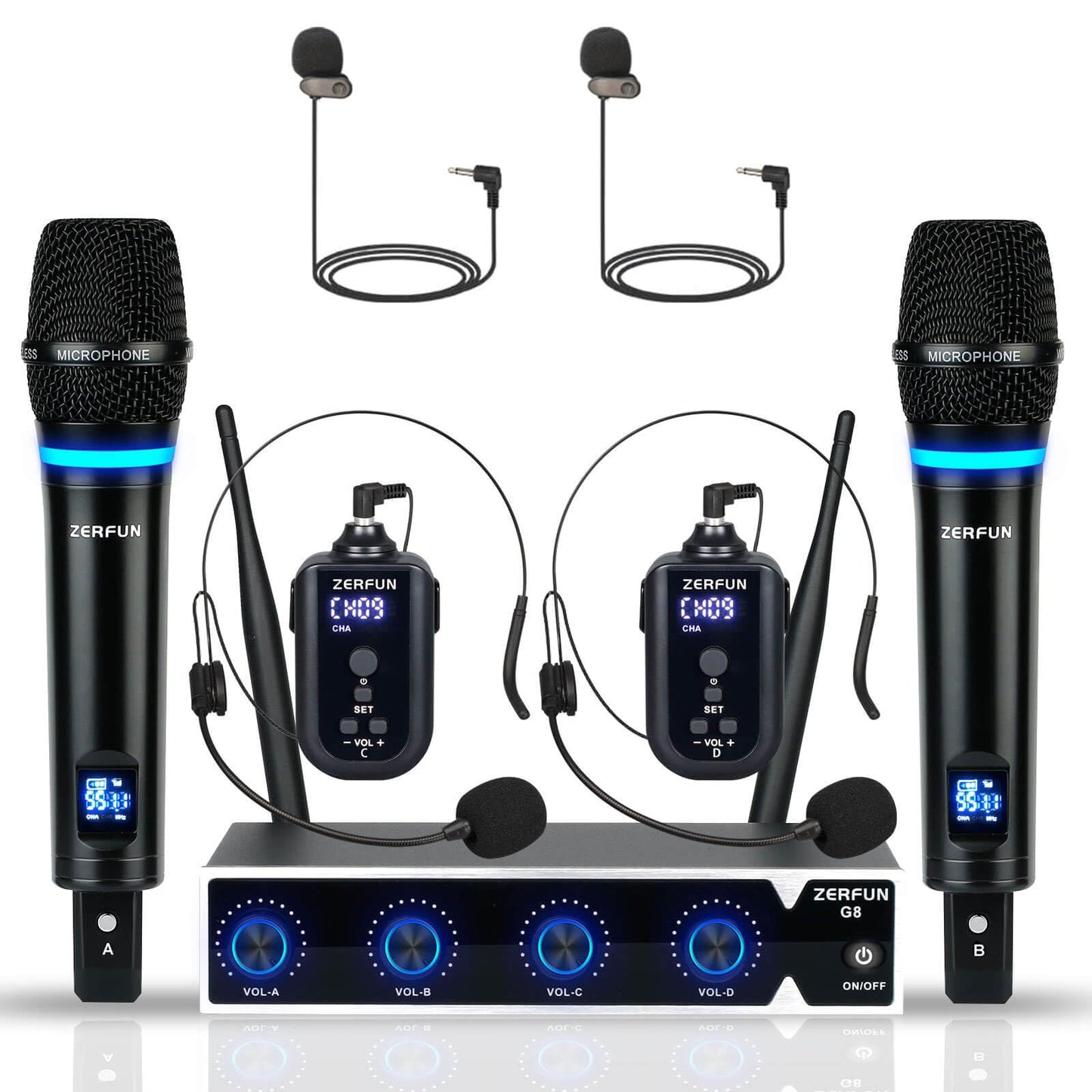 ZERFUN Rechargeable Wireless Microphone System 4 Channel Pro, UHF Metal Handheld Headset Lavalier Lapel Mics Cordless for Church Karaoke Singing with Volume Control, 4x50 Frequency(G8)